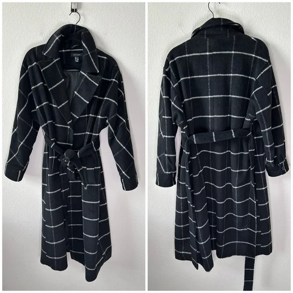 NEW LOOK belted maxi coat in black window check SZ US 4 - Picture 2 of 6